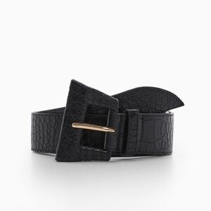 Mango Black Croc-Patterned Belt with Gold Accent